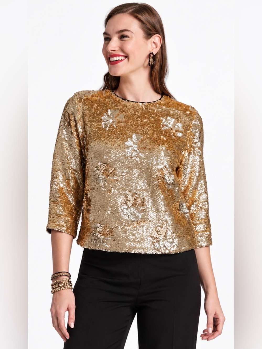 Frances Valentine Taylor Top Blouse S Gold Sequins Party Floral Holiday Cocktail